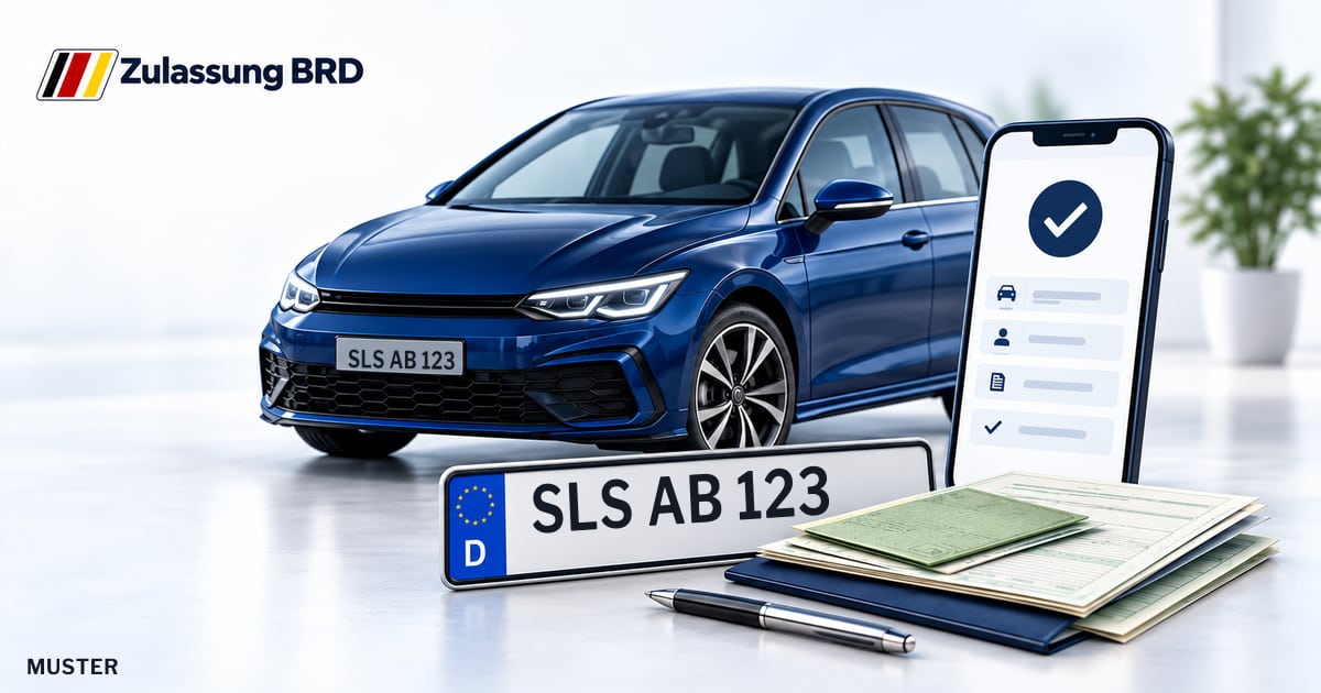 Online Fahrzeugzulassung in Schmelz: Musterkennzeichen SLS AB 123, Auto und Fahrzeugpapiere und Smartphone. Illustration mit Logo von Zulassung BRD.